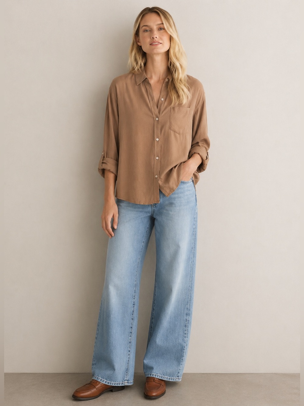 Young Fabulous & Broke Long Sleeve Button up shirt in tan